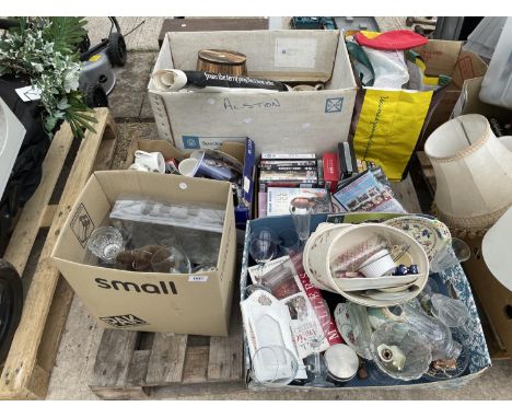 AN ASSORTMENT OF HOUSEHOLD CLEARANCE ITEMS TO INCLUDE DVDS, CERAMIC PLATES AND GLASSWARE ETC 