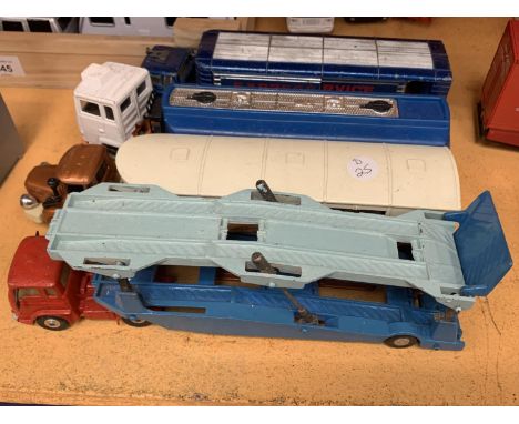 FOUR CORGI WAGONS WITH TRAILER TO INCLUDE A EXPRESS SERVICE, TANKER, NATIONAL RACING STABLES AND A CAR TRANSPORTER 