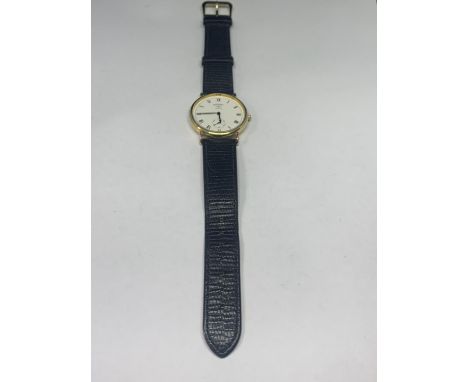 A ROTARY WRIST WATCH WITH BLACK LEATHER STRAP 