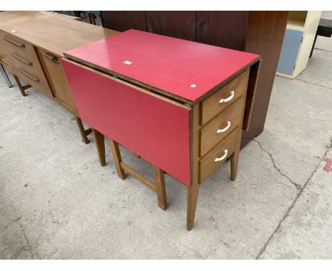 AN UNUSUAL 1950'S GATE-LEAF KITCHEN TABLE ENCLOSING THREE DRAWERS AND CUPBOARD, 31.5X47" 