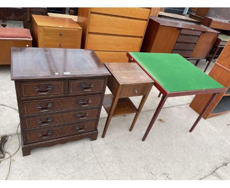 A REPRODUCTION MAHOGANY AND INLAID CHEST OF TWO SHORT AND THREE LONG DRAWERS, AN OAK BEDSIDE TABLE AND FOLDING CARD TABLE 