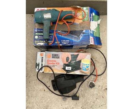 AN ASSORTMENT OF TOOLS TO INCLUDE A BLACK AND DECKER SANDER, AN ELECTRIC WOOD PLANE AND A HEAT GUN ETC 
