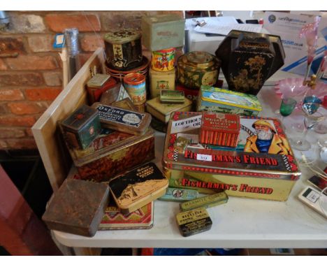 A LARGE COLLECTION OF VARIOUS VINTAGE TINS TO INCLUDE A  FISHERMANS FRIEND , WRIGHT &amp; SONS BISCUIT , MARMITE , 