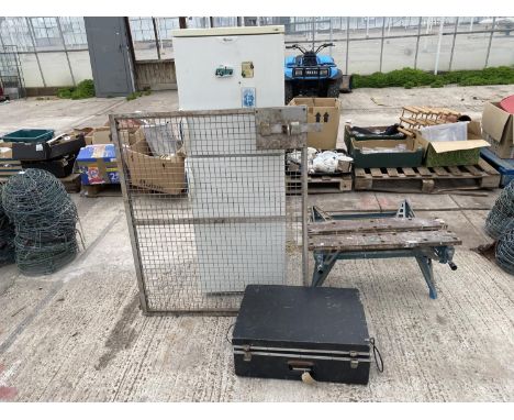 VARIOUS ITEMS TO INCLUDE A CASE CONTAINING MICROPHONES AND CABLES, A WORKMATE BENCH, A FRIDGE FREEZER AND A MESHED METAL GATE