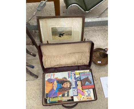 A FRAMED PRINT, A SUITCASE AND A QUANTITY OF VINTAGE BOOKS 