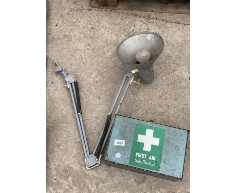A VINTAGE ANGLE POISE BENCH LAMP AND A VINTAGE FIRST AID KIT 