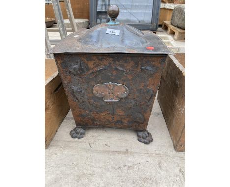 A VINTAGE COAL BOX WITH LIONS FEET 