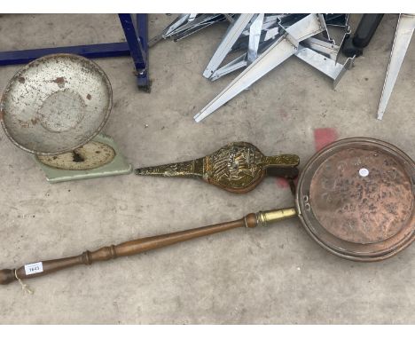 A VINTAGE SET OF SCALES, A COPPER BED WARMING PAN AND A SET OF VINTAGE BELOWS 