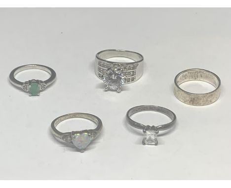 FIVE SILVER RINGS TO INCLUDE CLEAR, GREEN AND OPAL STONE EXAMPLES 