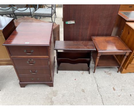 A MAHOGANY AND INLAID LAMP TABLE, MAGAZINE RACK/TABLE AND CHEST 