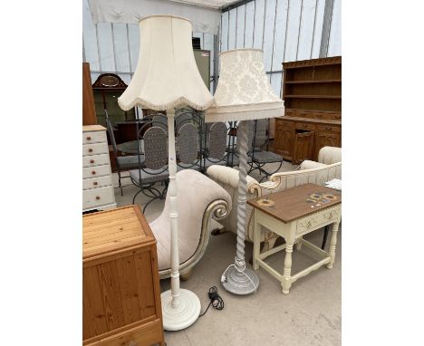 TWO PAINTED BARLEYTWIST AND TURNED COLUMN STANDARD LAMPS, COMPLETE WITH SHADES 