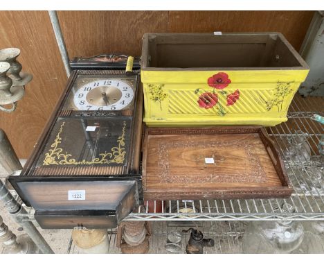 AN ASSORTMENT OF ITEMS TO INCLUDE A DECORATIVE WALL CLOCK, A TREEN TRAY AND A PAINTED SEWING MACHINE CASE 