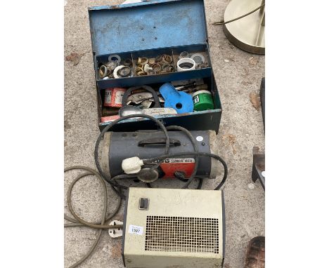 AN ASSORTMENT OF ITEMS TO INCLUDE A GLASS HOUSE HEATER, A TOOL BOX WITH TOOLS ETC 