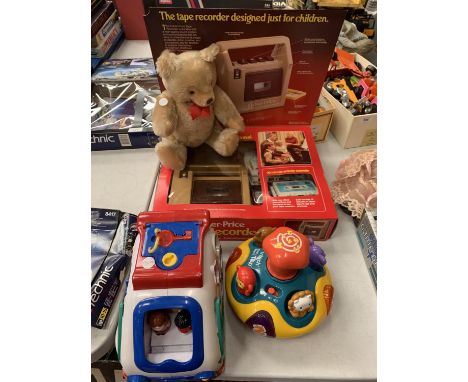 VARIOUS TOYS TO INCLUDE A VTECH SPIN TEACH TOP A SHAPE SORTER, FISHER PRICE TAPE RECORDER AND A STEIFF TEDDY BEAR 