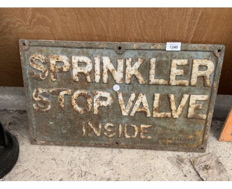 A VINTAGE CAST IRON 'SPRINKLER STOPVALVE' SIGN 