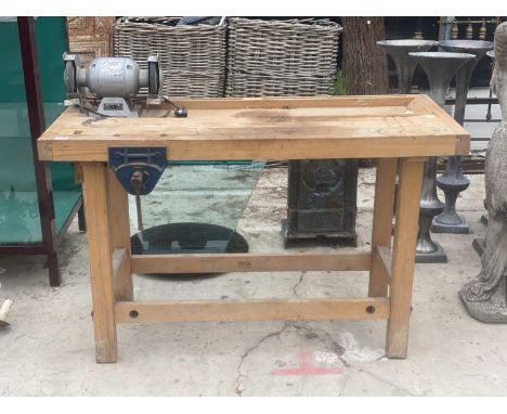 A WOODEN WORK BENCH WITH A HILKA BENCH GRINDER AND RECORD NO.52E BENCH VICE 