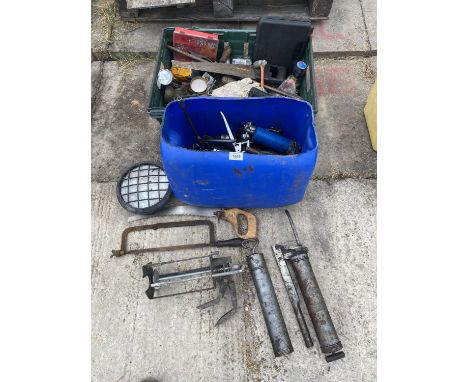 AN ASSORTMENT OF TOOLS TO INCLUDE GREASE GUNS, SAWS AND HARDWARE ETC 