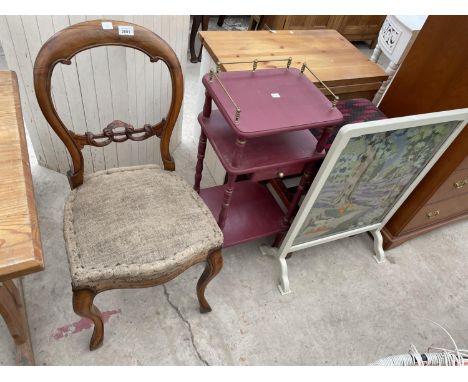 A VICTORIAN WALNUT DINING CHAIR, FIRESCREEN, STOOL AND TELEPHONE TABLE 