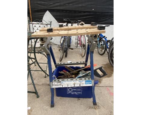 AN ASSORTMENT OF ITEMS TO INCLUDE A WORK BENCH, SACK TRUCK AND AN ASSORTMENT OF TOOLS ETC 