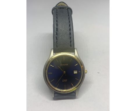 AN ACCURIST CALENDAR WRIST WATCH WITH BLACK LEATHER STRAP SEEN IN WORKING ORDER BUT NO WARRANTY 