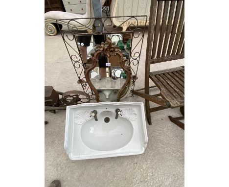 AN ASSORTMENT OF ITEMS TO INCLUDE A VINTAGE SINK AND TWO DECORATIVE FRAMED MIRRORS 