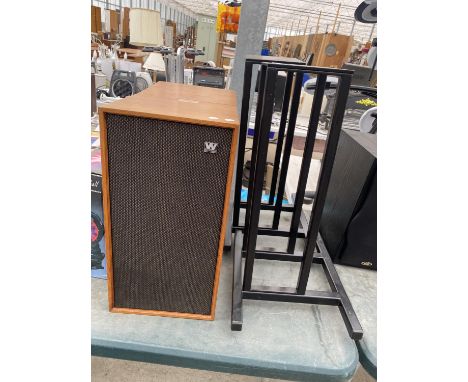 A PAIR OF WOODEN WHARFEDALE SPEAKERS AND SPEAKER STANDS 