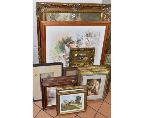 A SMALL QUANTITY OF PICTURES AND PRINTS ETC, to include three late 20th century oil on canvas landscapes, approximate sizes 1