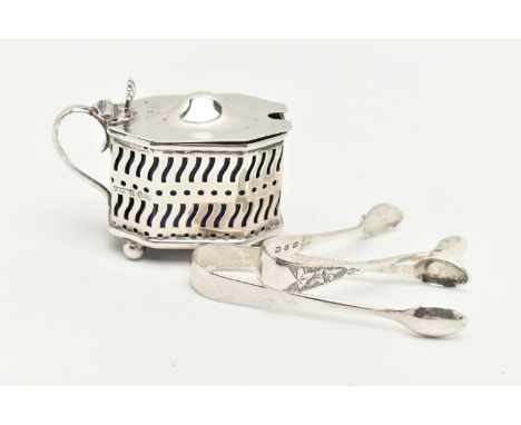 TWO SMALL PAIRS OF SILVER SUGAR TONGS AND A MUSTARD, the first small pair of sugar tongs with a floral pattern, hallmarked Bi