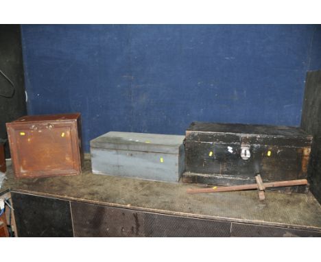 TWO WOODEN TOOLBOXES AND A METAL DEED BOX including a Mid 20th century plywood toolbox containing mallets etc, width 70cm dep