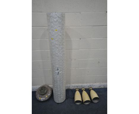 A PATTEREND CERAMIC CEILING LIGHT, a tall fibreglass floor lamp, height 171cm, an industrial light, along with a set of three