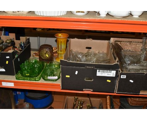 FOUR BOXES AND LOOSE OF DECORATIVE GLASSWARE AND MISCELLANEOUS, to include nine pieces of uranium glass, dressing table trays