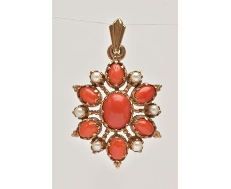 A 9CT GOLD CORAL AND SPLIT PEARL PENDANT, of an oval form, set with seven oval coral cabochons, and cultured split pearl acce