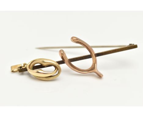 A 9CT GOLD PENDANT AND A WISHBONE BROOCH, open work oval pendant of a polished and satin finish hallmarked 9ct Birmingham imp