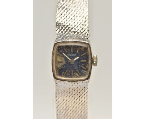 A LADIES 9CT WHITE GOLD 'TISSOT' WRISTWATCH, manual wind, very worn blue square dial signed 'Tissot' baton markers, within a 