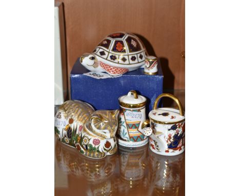 TWO ROYAL CROWN DERBY PAPERWEIGHTS AND THREE ORNAMENTS to include a boxed turtle paperweight with a  moulded stopper with red