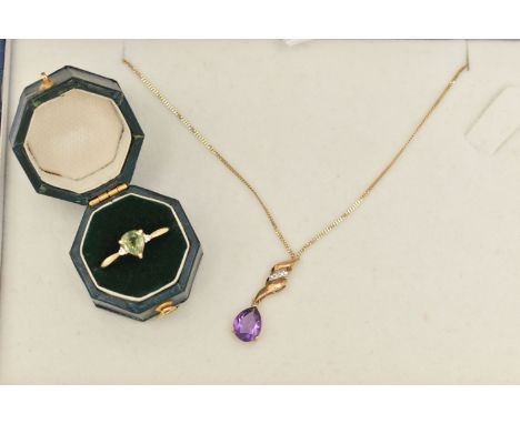 A 9CT GOLD RING AND YELLOW METAL NECKLACE, a yellow gold gem set ring, hallmarked 9ct Birmingham, ring size N, approximate gr