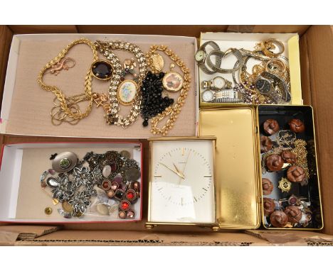 A BOX OF ASSORTED ITEMS, to include a 'Garrard' mantle clock, together with an assortment of costume jewellery and watches, n