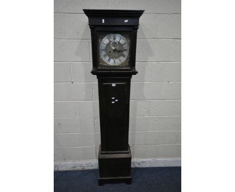 A GEORGIAN OAK LONGCASE CLOCK, the box hood with a single glass door, that's enclosing an 11 inch brass and silvered dial, si