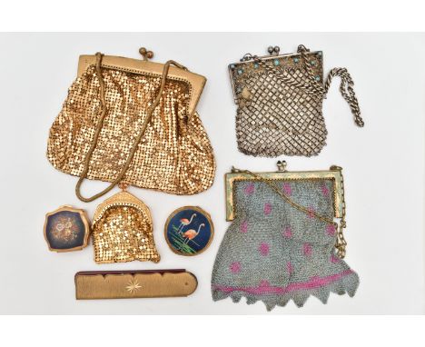 A SELECTION OF ACCESSORIES, to include an early 20th century coloured mesh bag with enamelled frame and blue paste clip, stam