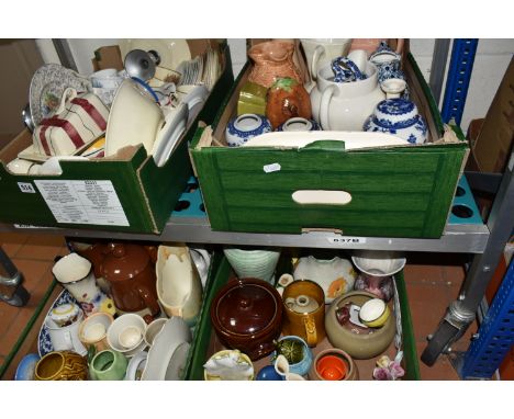 FOUR BOXES OF ORNAMENTAL AND HOMEWARE CERAMICS, to include a pair of Royal Winton, pink Sylvac 1435 water jug, vintage orange