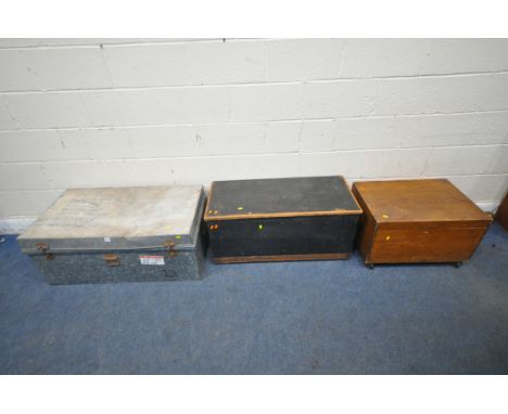 A LARGE METAL TRUNK, with twin metal handles, width 103cm x depth 57cm x height 41cm, a painted chest, and a pine chest on ca