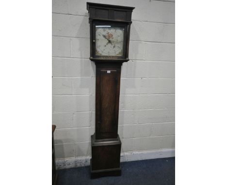 A GEORGIAN OAK LONGCASE CLOCK, the box hood with a glass door, that's enclosing a 10.5 inch painted dial, depicting Arabic nu