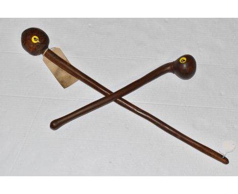 TWO HARDWOOD KNOBKERRIES, lengths 69cm and 45cm (2) (Condition Report: largest knobkerrie has splits to the head and shaft, s