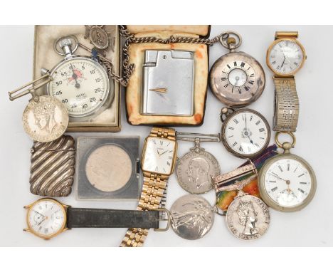 AN ASSORTMENT OF WATCHES, LIGHTERS AND MEDALS, to include a silver cased hand wound half hunter pocket watch, hallmarked 'Jam