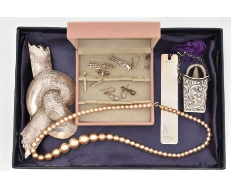 A BOX OF ASSORTED ITEMS, to include a silver book mark, fitted with a purple fabric tassel, hallmarked 'Arthur Price &amp; Co