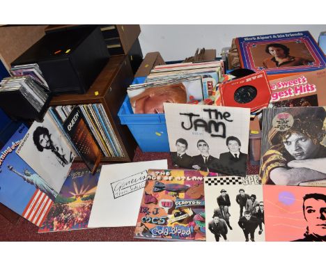 FOUR BOXES AND FOUR CONTAINERS OF LP AND SINGLE RECORDS, to include over one hundred and fifty LP records and singles, artist
