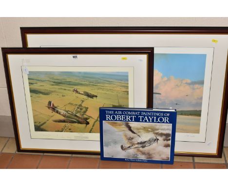 TWO SIGNED ROBERT TAYLOR MILITARY AVIATION THEMED PRINTS, comprising 'Tommy Leader' depicting a pair of Hurricanes, signed by