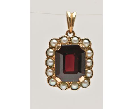 A YELLOW METAL GARNET AND SPLIT PEARL PENDANT, set with an emerald cut garnet, four claw set in a surround of split pearls mi
