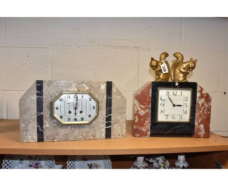 TWO ART DECO MARBLE CLOCKS comprising an unnamed grey marble clock with two black marble bands, an octangular face with Arabi