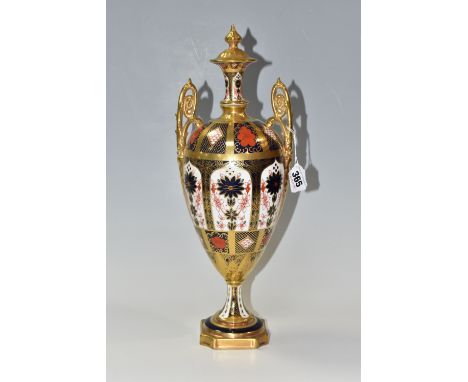 A ROYAL CROWN DERBY OLD IMARI VASE in 1128 pattern, double handled, approximate height 43cm, red back stamp to base (1) (Cond